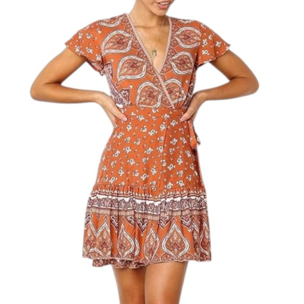Zesica Bohemian Floral Wrap Midi Flowy Dress Beach Vacation Summer Party Boho M